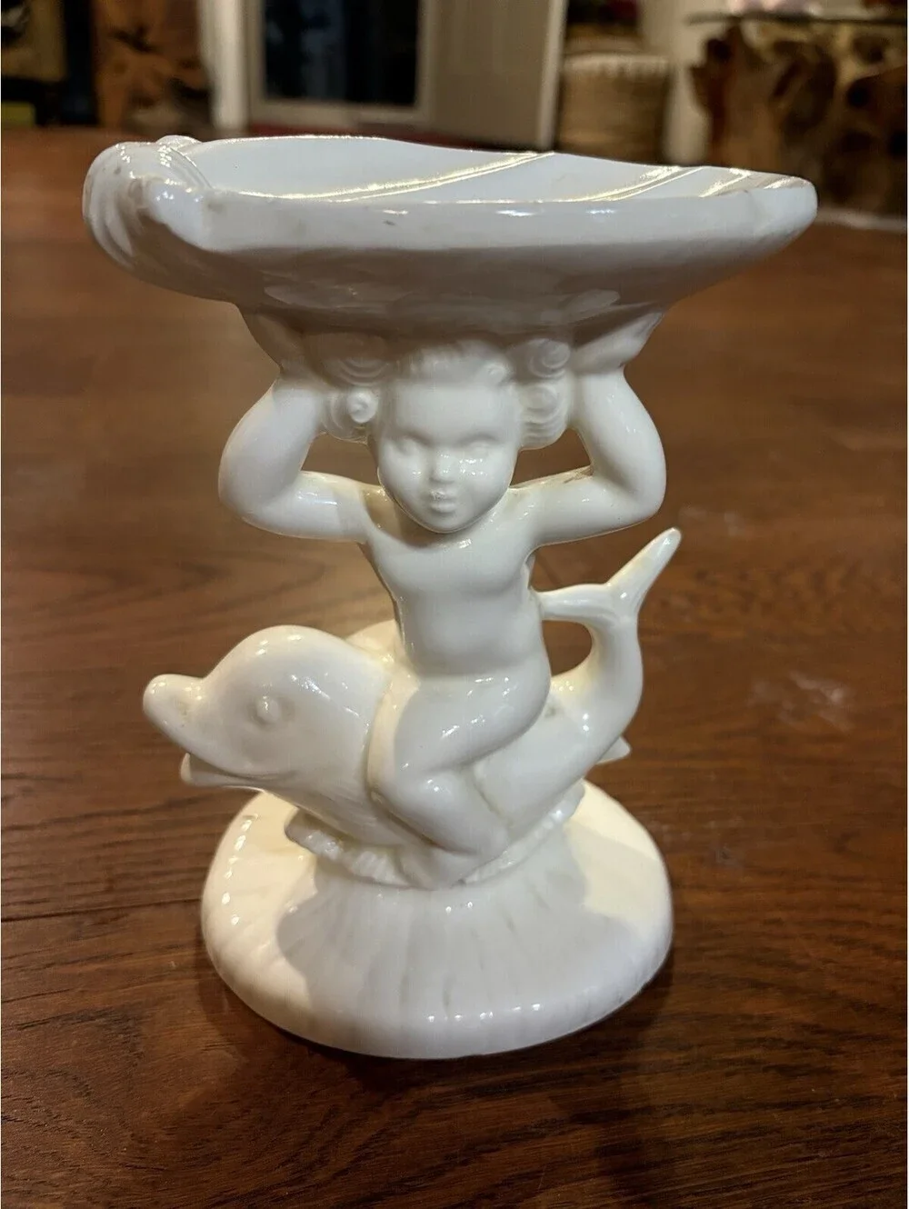 Vintage 1960s White Cherub Riding Dolphin Fish Holland Mold Kitschy Soap Dish